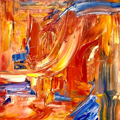 Blue in Red, acrylic on canvas, 12" x 12"