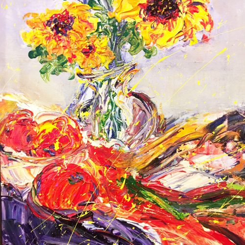 Sunflowers, oil and acrylic on canvas, 18" x 24"