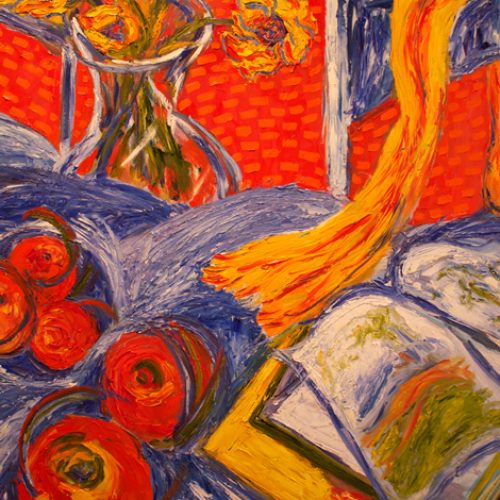 Still Life with Yellow Scarf, oil on canvas, 4 ft. x 5 ft.